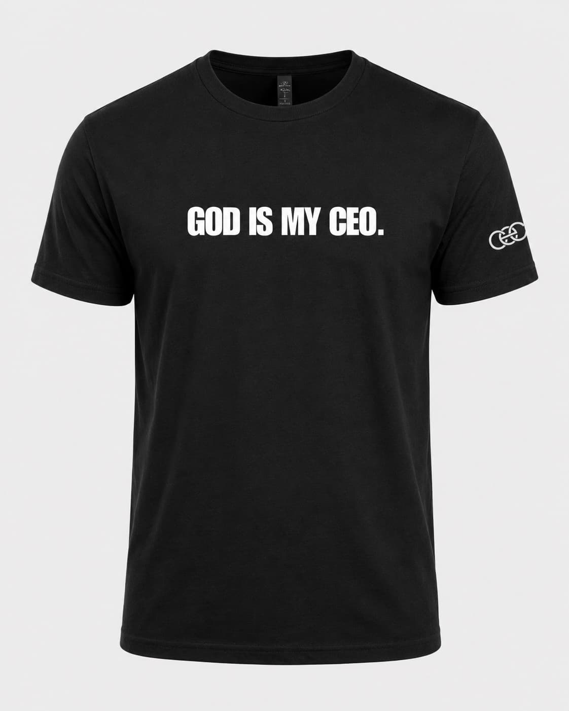 “God Is My CEO” Cotton Crew Tee in Black, front view