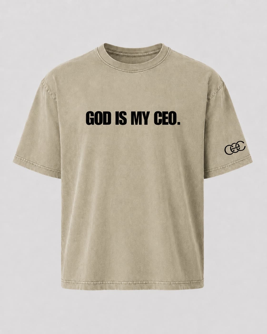 “God Is My CEO” Heavy Faded Tee in Faded Khaki, front view