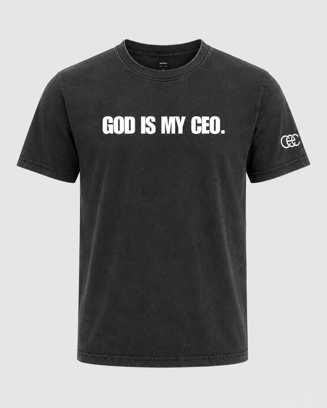 “God Is My CEO” Stone Wash Tee in Black Stone, front view