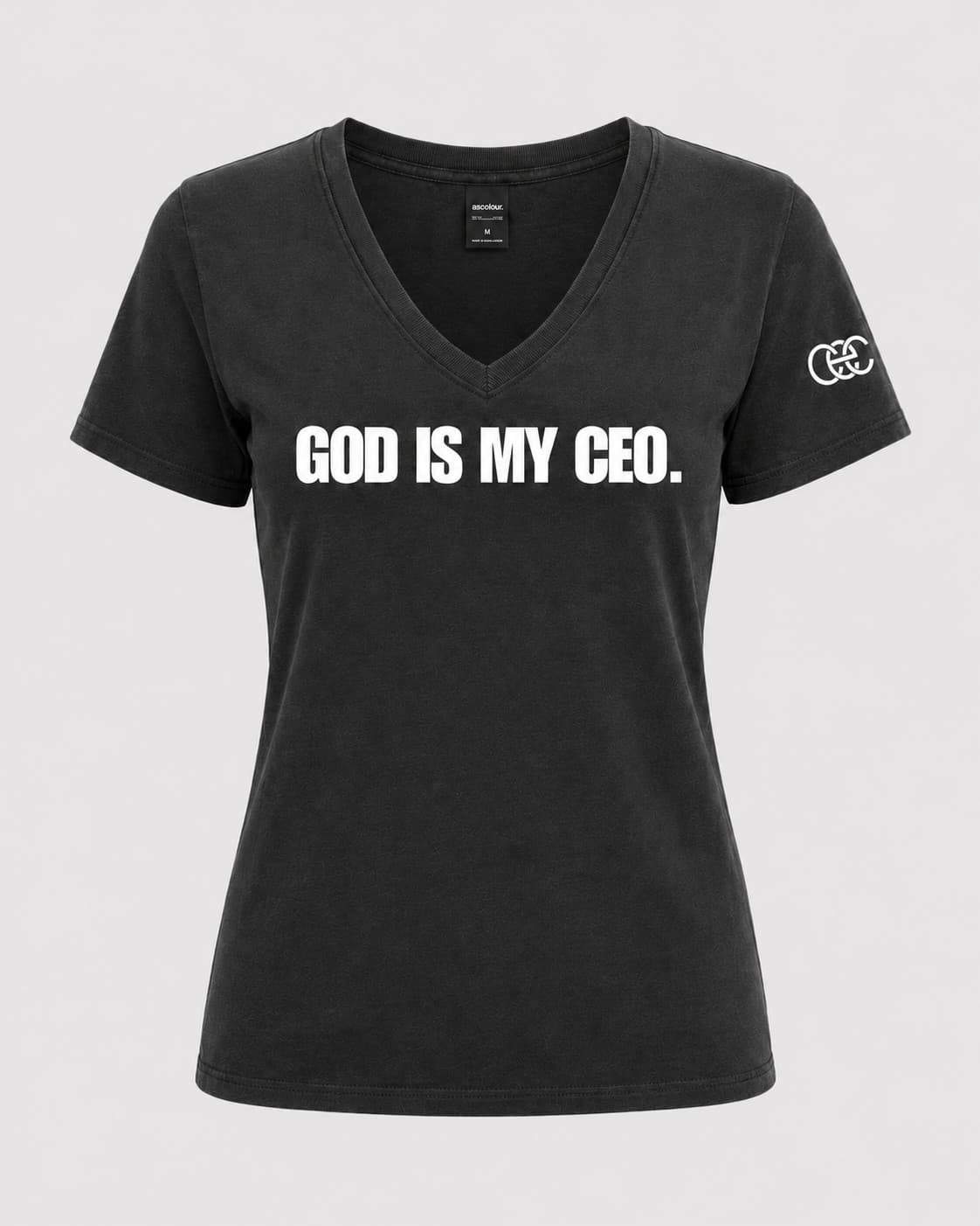 Women’s “God Is My CEO” V-Neck Tee in Black, front view